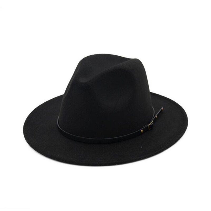 Uldfilt fedora hat kasket bred kant med bælte damer trilby chapeu feminino hat kvinder mænd jazz kirke gudfar sombrero kasketter  h3: Sort