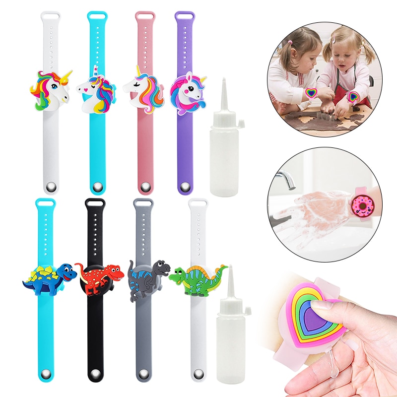 Portátil niños pulsera de mano dispensador de dinosaurio, unicornio desinfectante de manos Gel de pulsera mano apoyo muñeca desinfectante pulsera