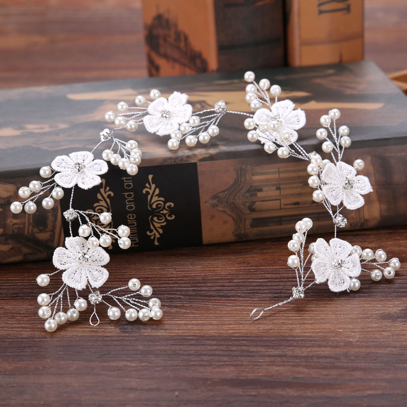 Handgemaakte Witte Kant Bloem Hoofdbanden Vrouwen Tiara Crystal Parel Haarband Hoofddeksel Wedding Bruids Haar Sieraden Accessoires Sl: Default Title