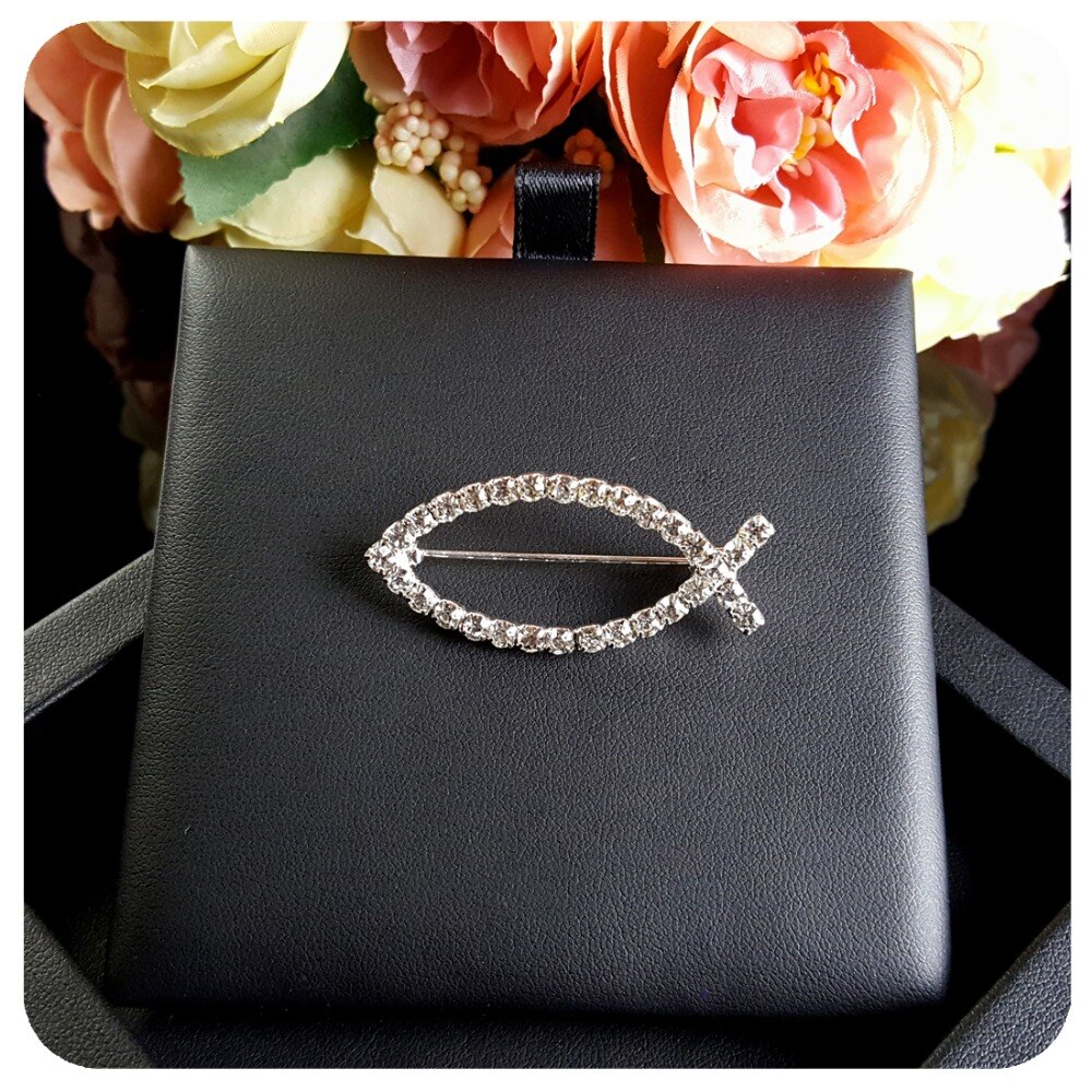 Klar Strass Silber Farbe "Jesus Fisch" Brosche Stifte für taufen Brosche für Mann