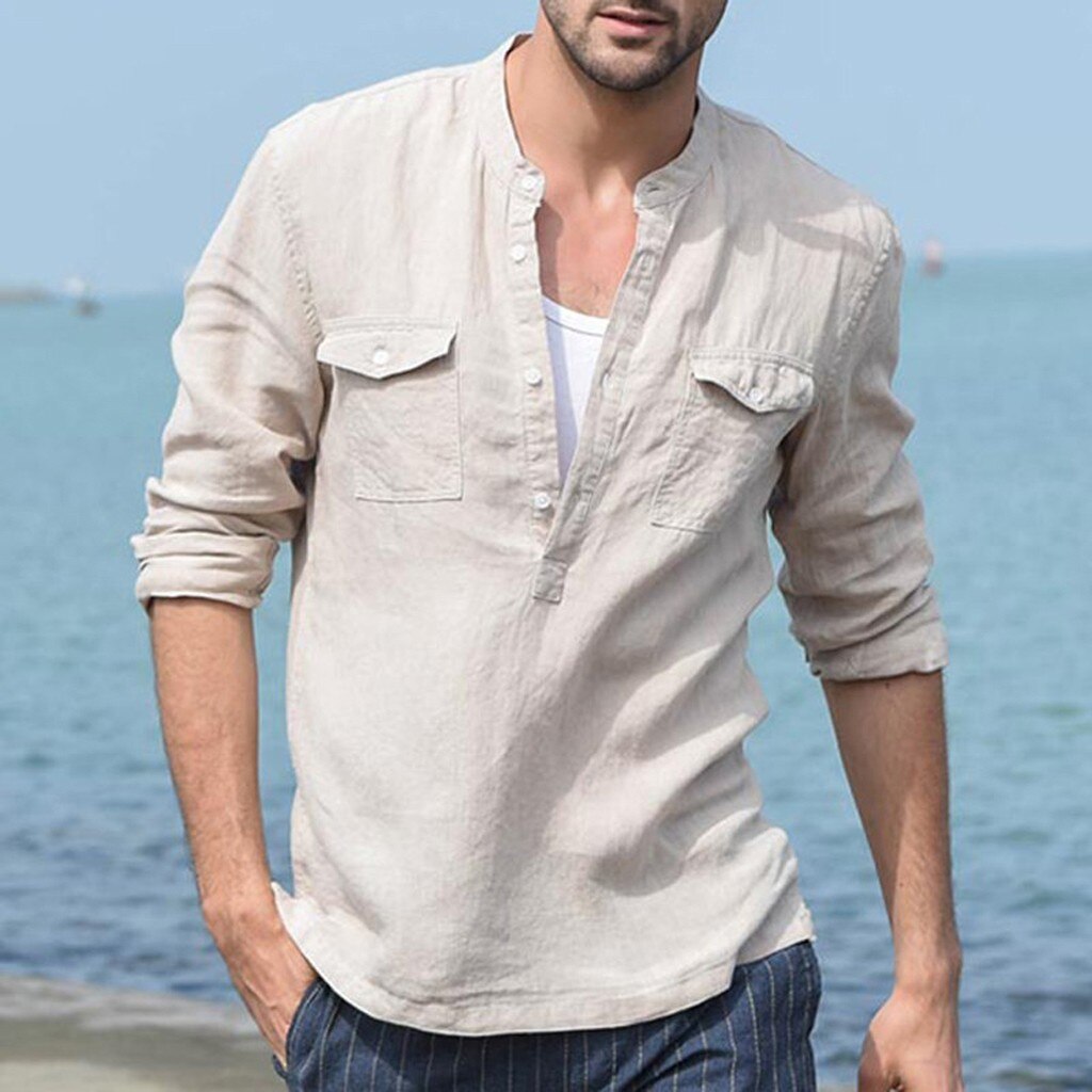 FREE OSTRICH Casual Shirt Men's Loose Cotton Linen Pocket Solid Color Long Sleeve Shirt Casual Comfortable Men's Shirts: KH / XL