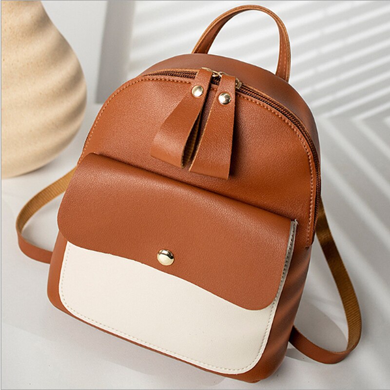 Summer Small Leather Patchwork Backpack Korean Student Backpack Casual Mini Girl Small Backpack: brown