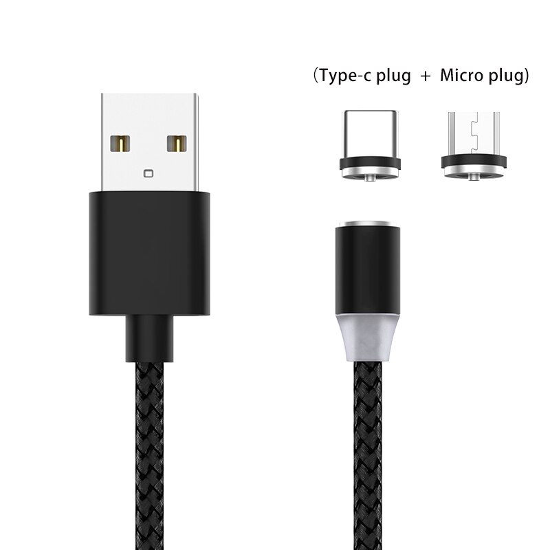 Fast Charging Type C Cable LED 2A Magnet Mini USB Cable Charger Data Mini Micro 2M Mobile Phone for Xiaomi 1M PC Computer: black with two plug / 1m