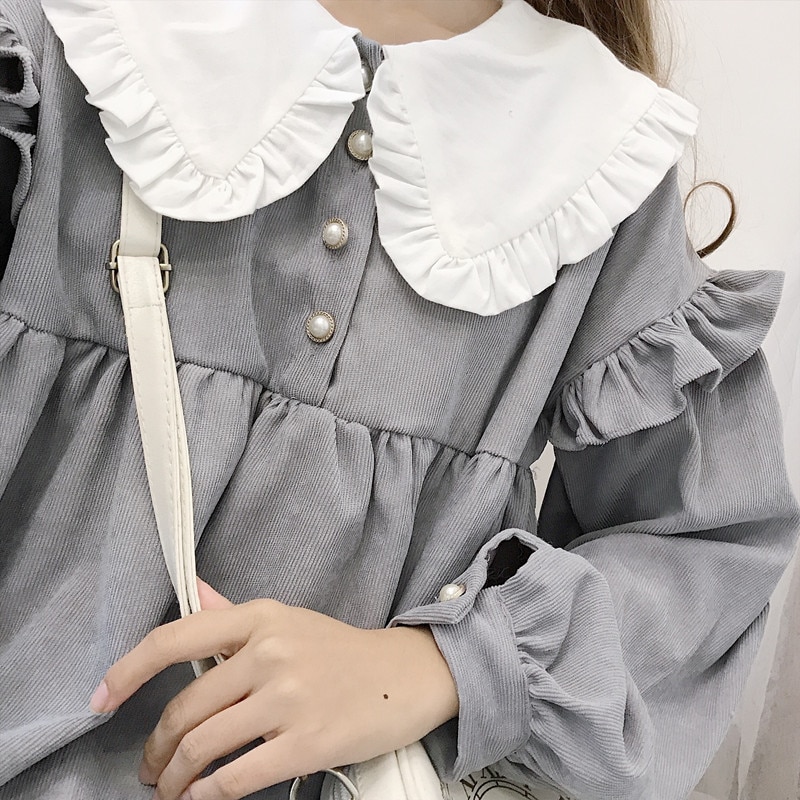Lolita-robe quotidienne japonaise Kawaii, tenue quotidienne, col de poupée, manches longues ample, à volants, style rétro, automne hiver