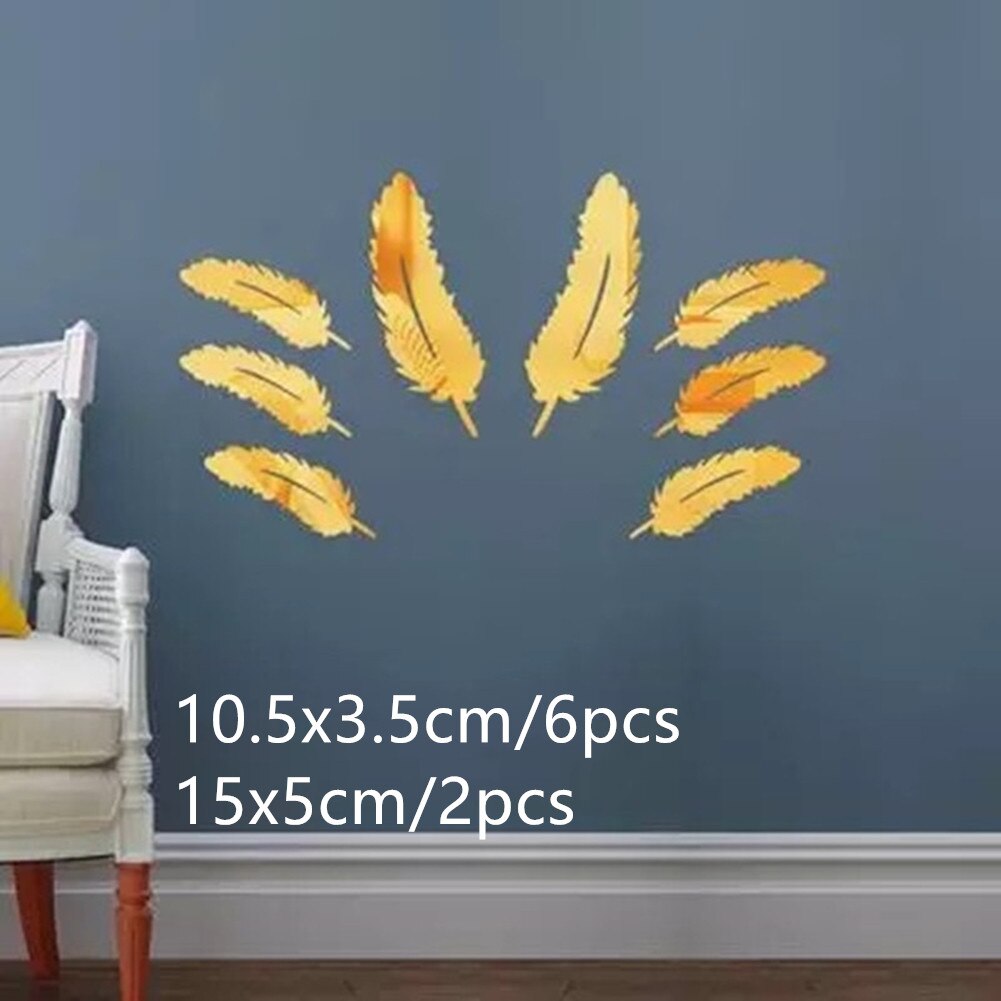 Spiegel Zelfklevende Stickers 8 Pcs Veer Spiegel Sticker Home Decoratie Accessoires Diy 3D Muurtattoo Woonkamer Decor: Gold