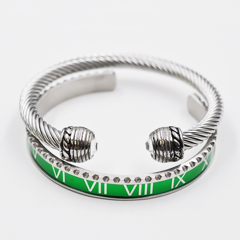 Outdoor Black Roman Numeral Bracelet Men's Cable Wire Rope Bracelet Stainless Steel Men Bangles Punk Street Jewelry Accessories: Set Silver Green