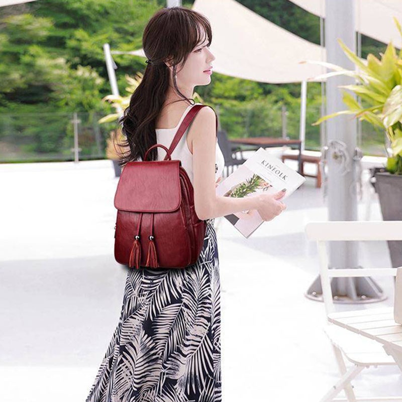 Tassel Pu Leather Backpack Women Drawstring Bag Black Red Soft Solid Backpack Female Youth Bagpack For Teenage Girls