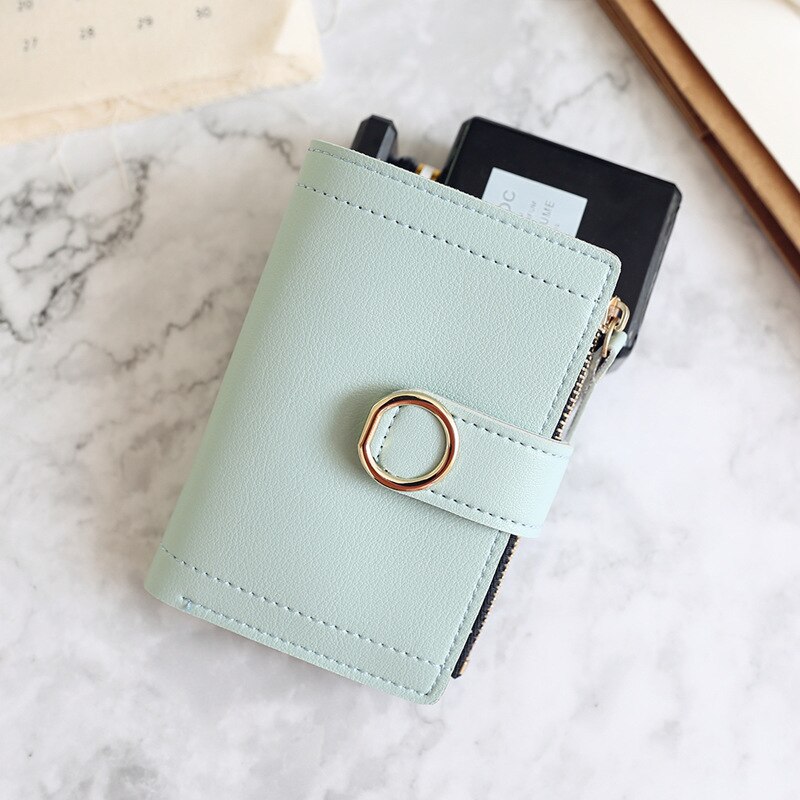 Wallet Leather Women Wallet Long Pu Leather Purse Zipper Metal Circle Decor Wallets Female Hasp Coin Purse Clutch Black: Short-LightGreen