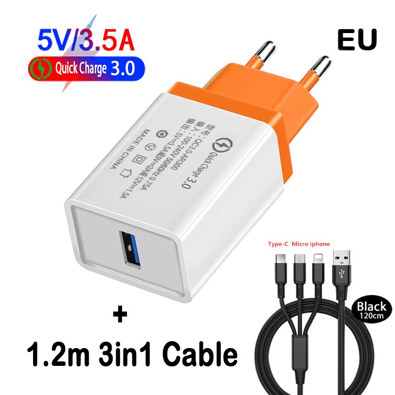 18W US EU Portable Mobile Phone Charger QC 3.0 Fast Charger Adapte For iphone Samsung Huawei Xiaomi: EU 3in1 Cable Orange