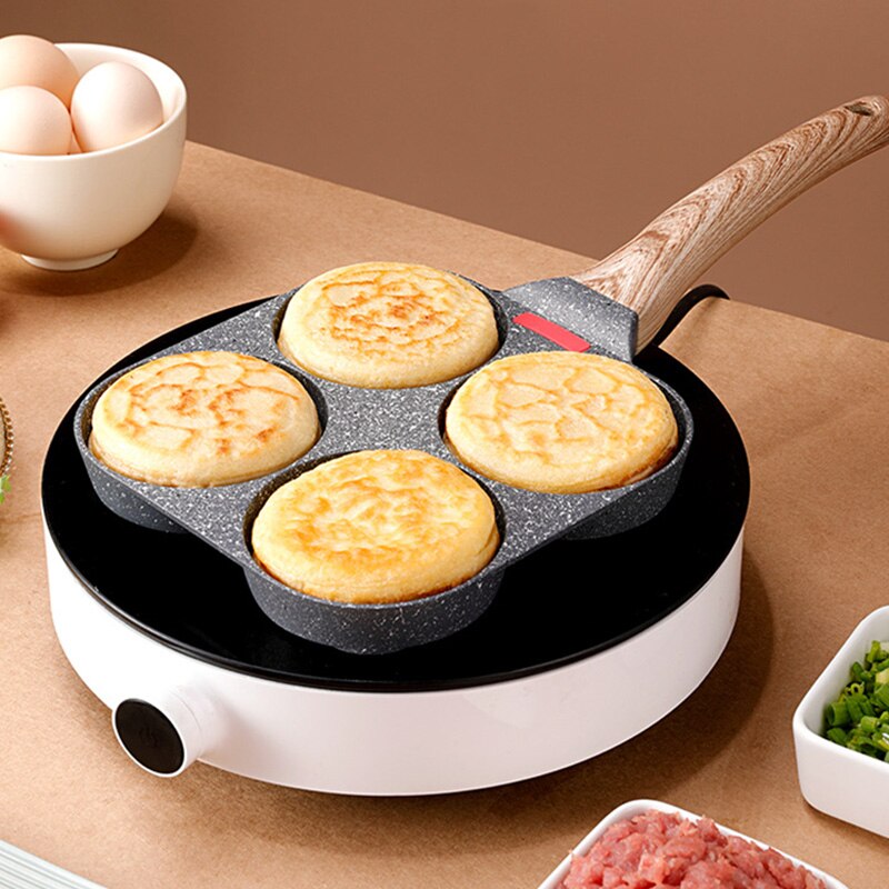 Universal 4-Hole Scrambled Egg Non-stick Frying Pan Wooden Handle Induction Cooker Gas Stove Kitchen Omelette Burger Pancake Pan