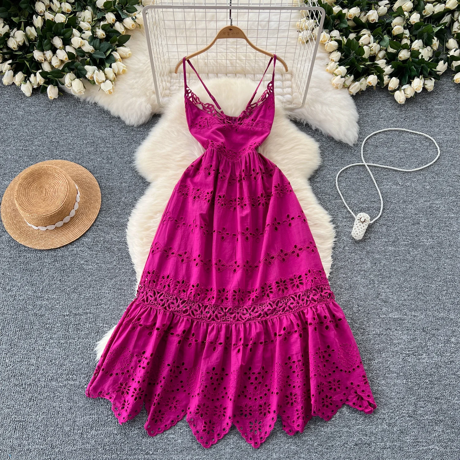 Elegante Süße Hohe Taille V-ausschnitt Aushöhlen Stickerei Rüschen Slip Kleid Schlanke Frauen Sommer Party Hüfte Wrap Lange Kleider: M / Rose Red