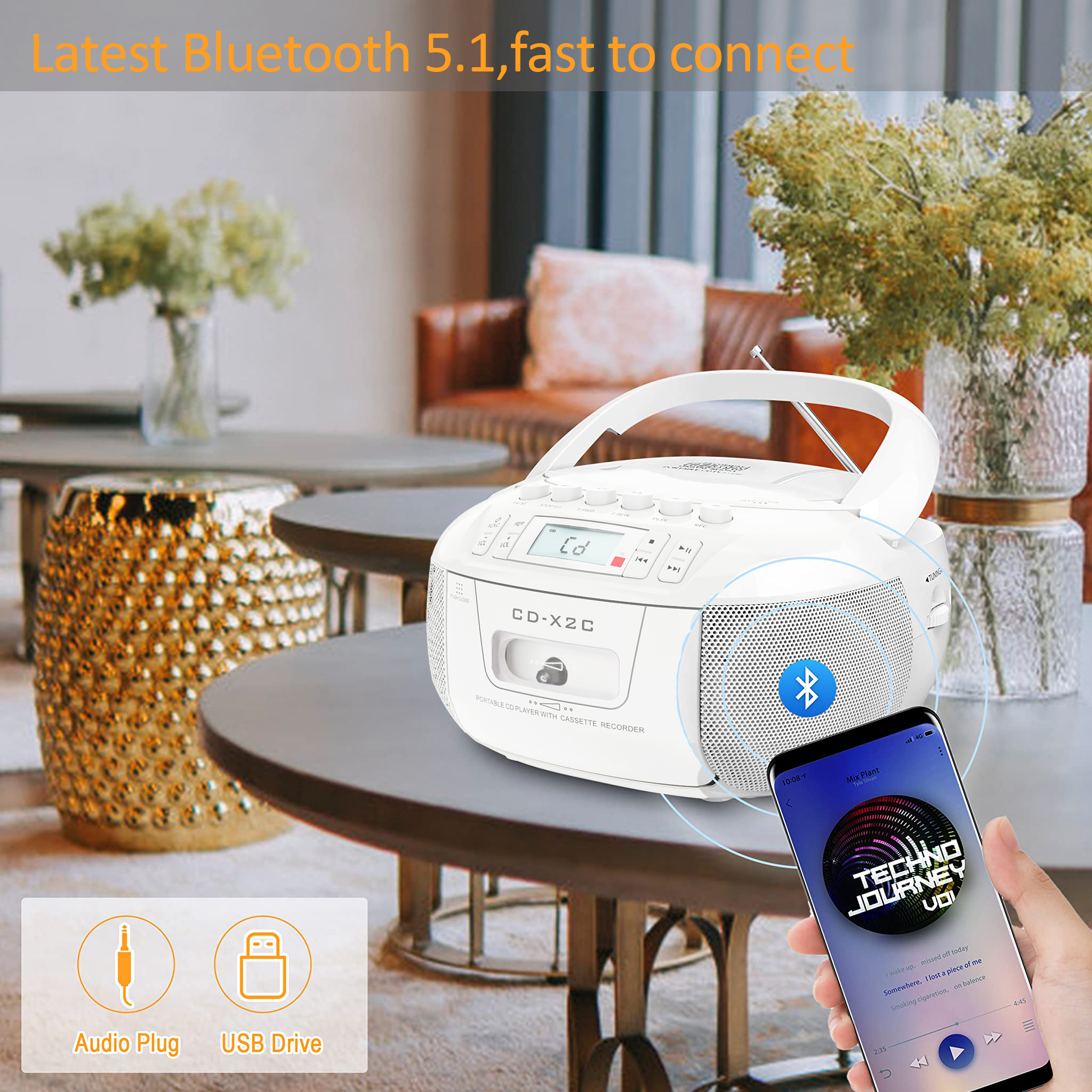 Combo boombox de casete de CD con radios Bluetooth y AM FM, grabadora de cinta de CD portátil con USB, alimentación CC CA