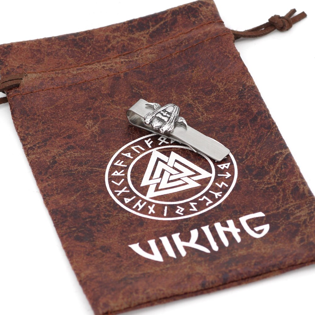 Stainless steel Nordic viking odin wirh raven amulet rune Tie Clips with Valknut bag