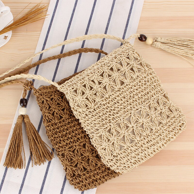 Sac en paille tissé à la main, sacoche ajourée Simple à pompon, sac de plage pour d&#39;été,