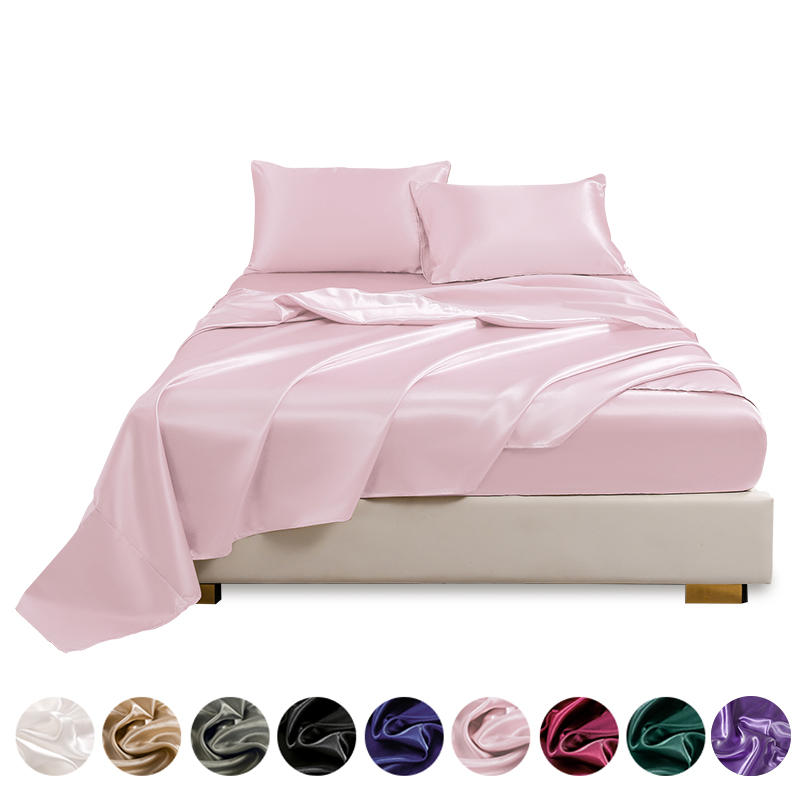 Satin Bed Sheets, Queen Size Sheets Set, 4 Pcs Silky Bedding Set 1 Deep Pocket Fitted Sheet + 1 Flat Sheet + 2 Pillowcases: Queen / Pink