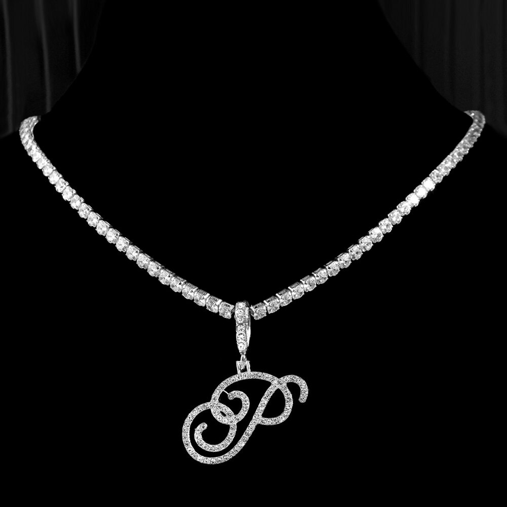 Cursive Letters Cubic Zirconia Chain Intial Name Necklace Hip Hop Jewelry Gold Silver Color CZ 26 Alphabet Pendant Necklaces