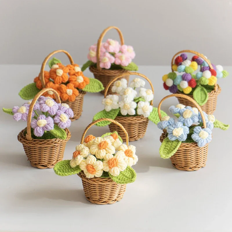 knitted Flower Potted Crochet Flowers Cute Hand Woven Plant Finished Woven Flowers Office Home Decor