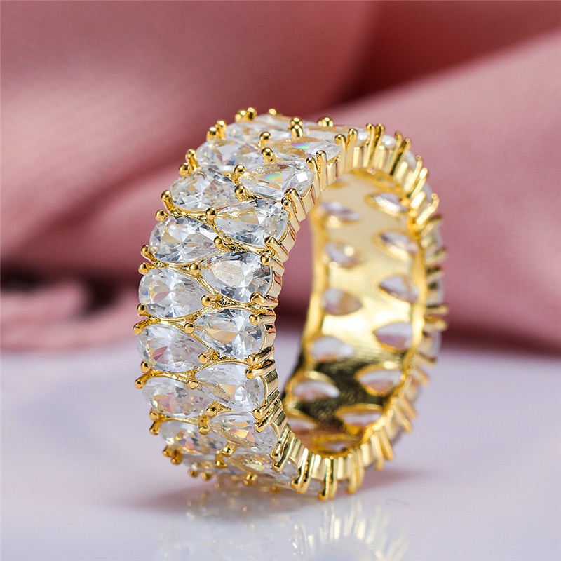 Anillo de piedra de cristal blanco para mujer, sortija de boda de lujo, Color amarillo dorado, gota de agua, de compromiso