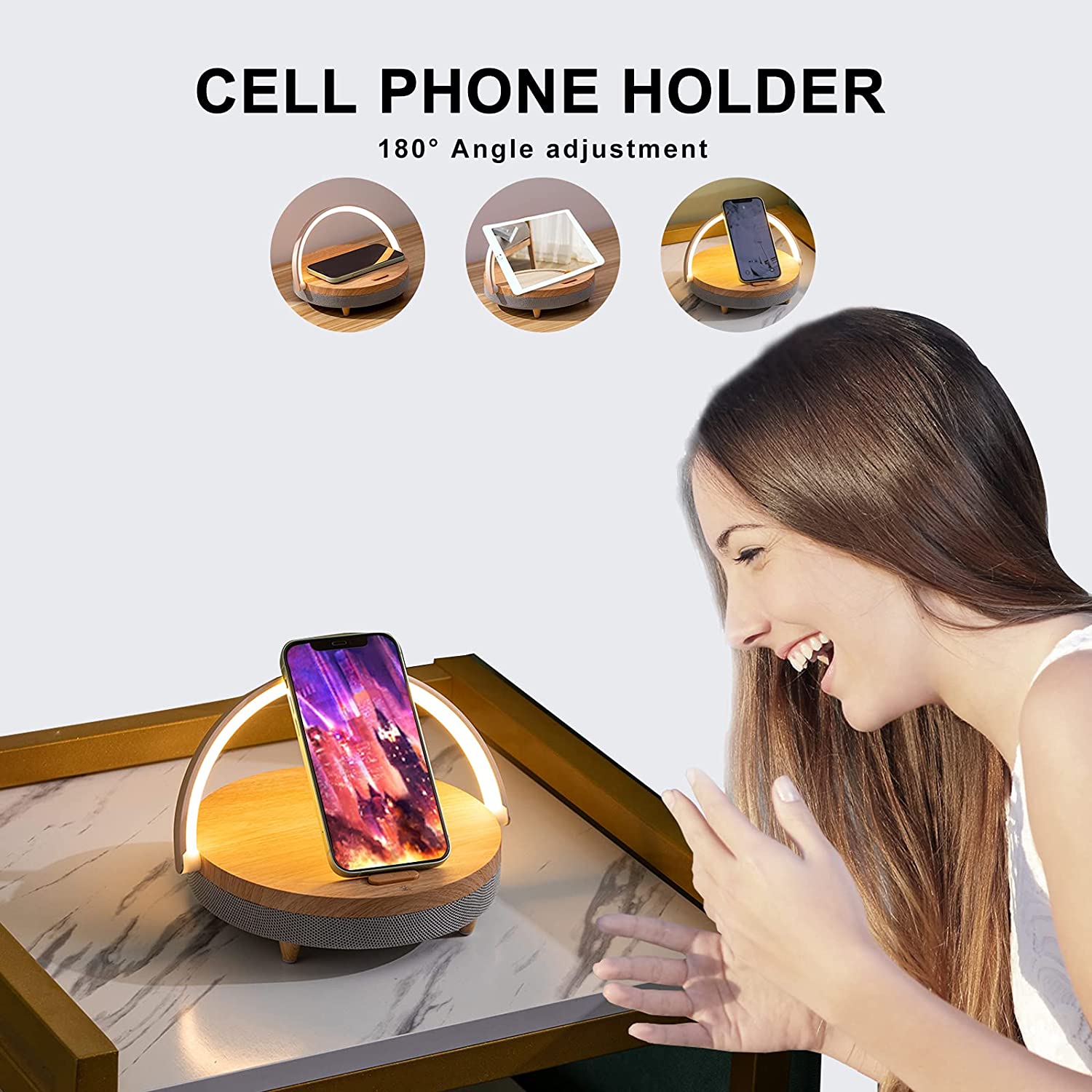 Cargador inalámbrico con Altavoz Bluetooth para IPhone 13, lámpara de mesa de madera de alta potencia, soporte para teléfono móvil, lámpara de carga inalámbrica, altavoz