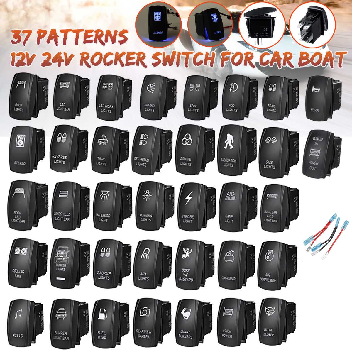 12V/24V Dual Blauw Led Light Rocker Switch Panel Voor Marine Boot Tuck Camper Caravan Universele 5/7 pins Knoppen Voor Auto W/Kabel