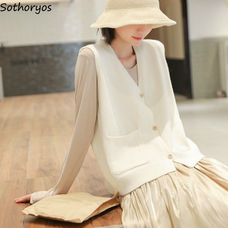 Sweater Vest Women Pocket Solid Simple Korean Knitted Open-stitch All-match Preppy Style Loose V-neck Sleeveless
