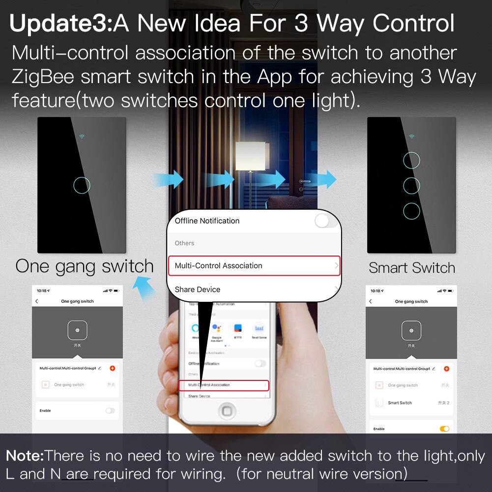 ZigBee Wall Touch Smart Light Switch With Neutral/No Neutral ,No Capacitor Smart Life/Tuya Works with Alexa,Google Hub Required