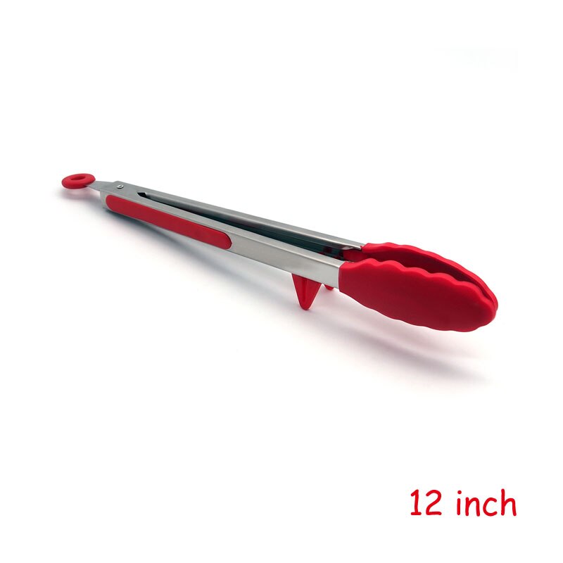 9/12 Inch Kitchen Cooking Tongs Heat Resistant Stainless Steel Bbq Tong with Silicone Tips and Stand for Spaghetti Salad: 12Inch Red