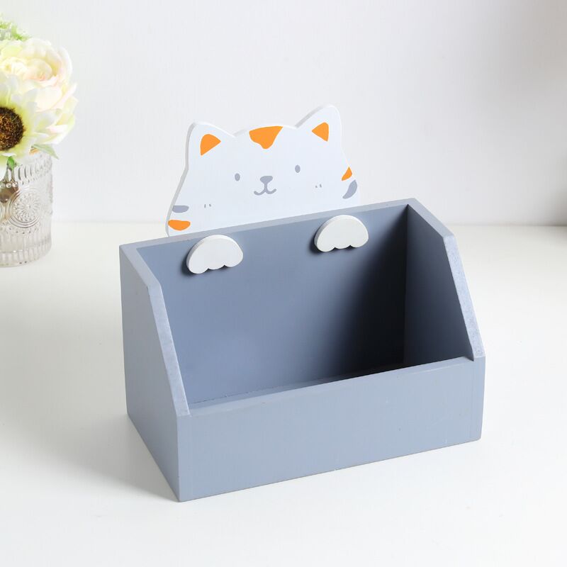 MINKYS Cute Cat Large Capacity Wood Desktop Organizer Pen Holder Desk Storage Box School Office Stationery