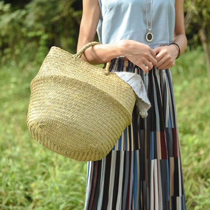 Cesta de cestería para algas marinas, maceta de flores colgante de ratán, cesto para ropa sucia, cestas plegables de almacenamiento, jardín casero decorativo