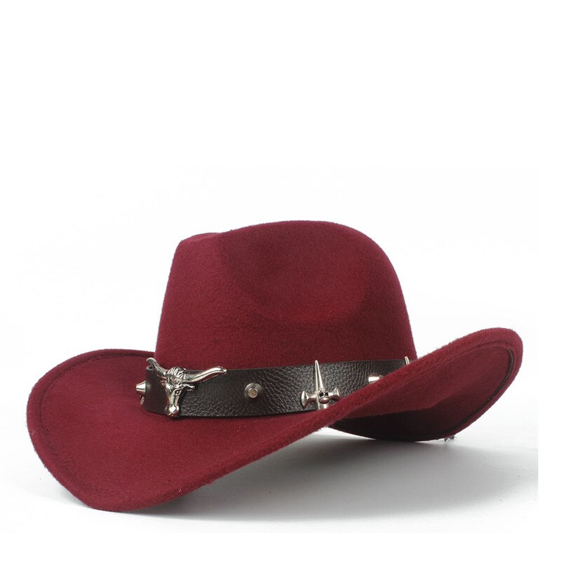 100% Wool Women Men Hollow Western Cowboy Hat With Tauren Belt Winter Outback Jazz Toca Sombrero Cap Size 56-58CM: Wine red