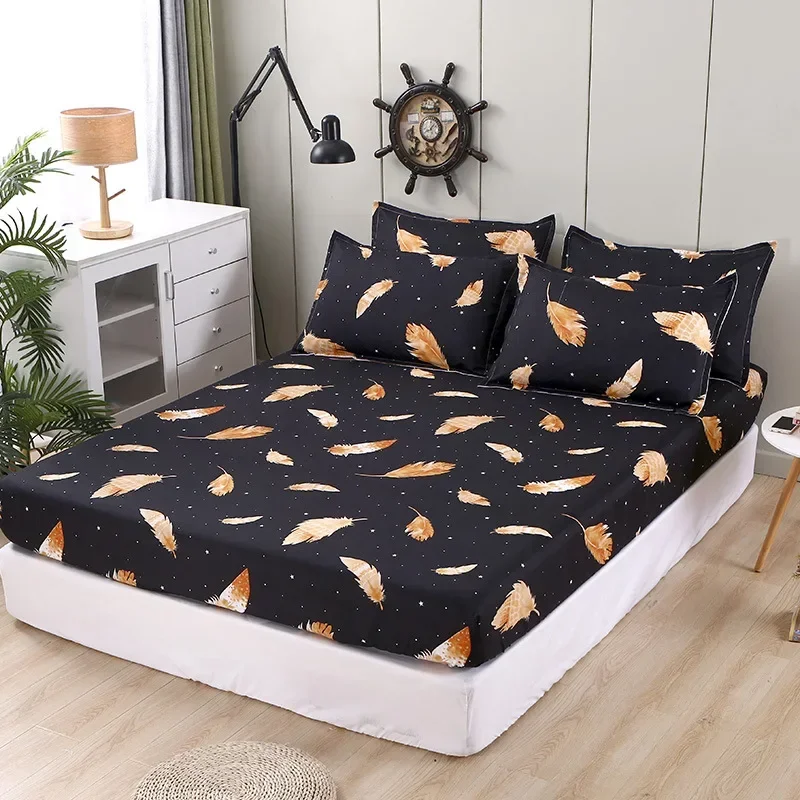 Polyester Print Fitted Sheet with Elastic Band Non Slip Mattress Cover Pillowcase for Single Double Bed 90/120/150/180cm: Queen / PURPLE