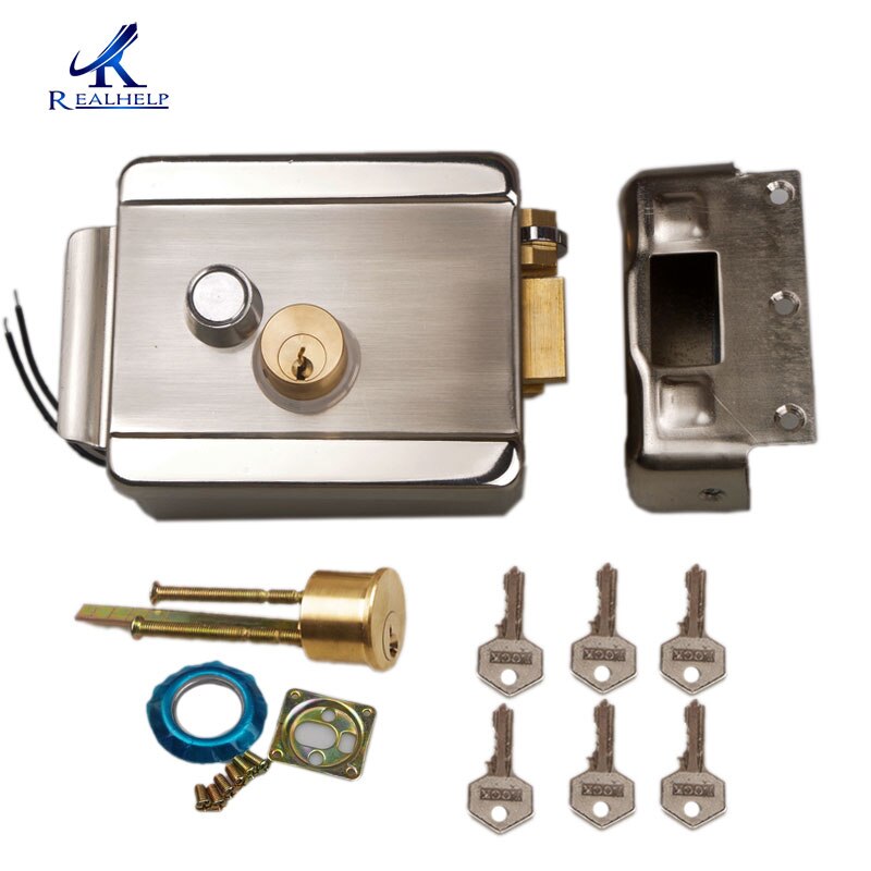 electric gate Lock 12V with Double Cylinder Locks for Gates with Solid Brass Hock Roll Iron Wooden Door Lock: Right Open 6 Key