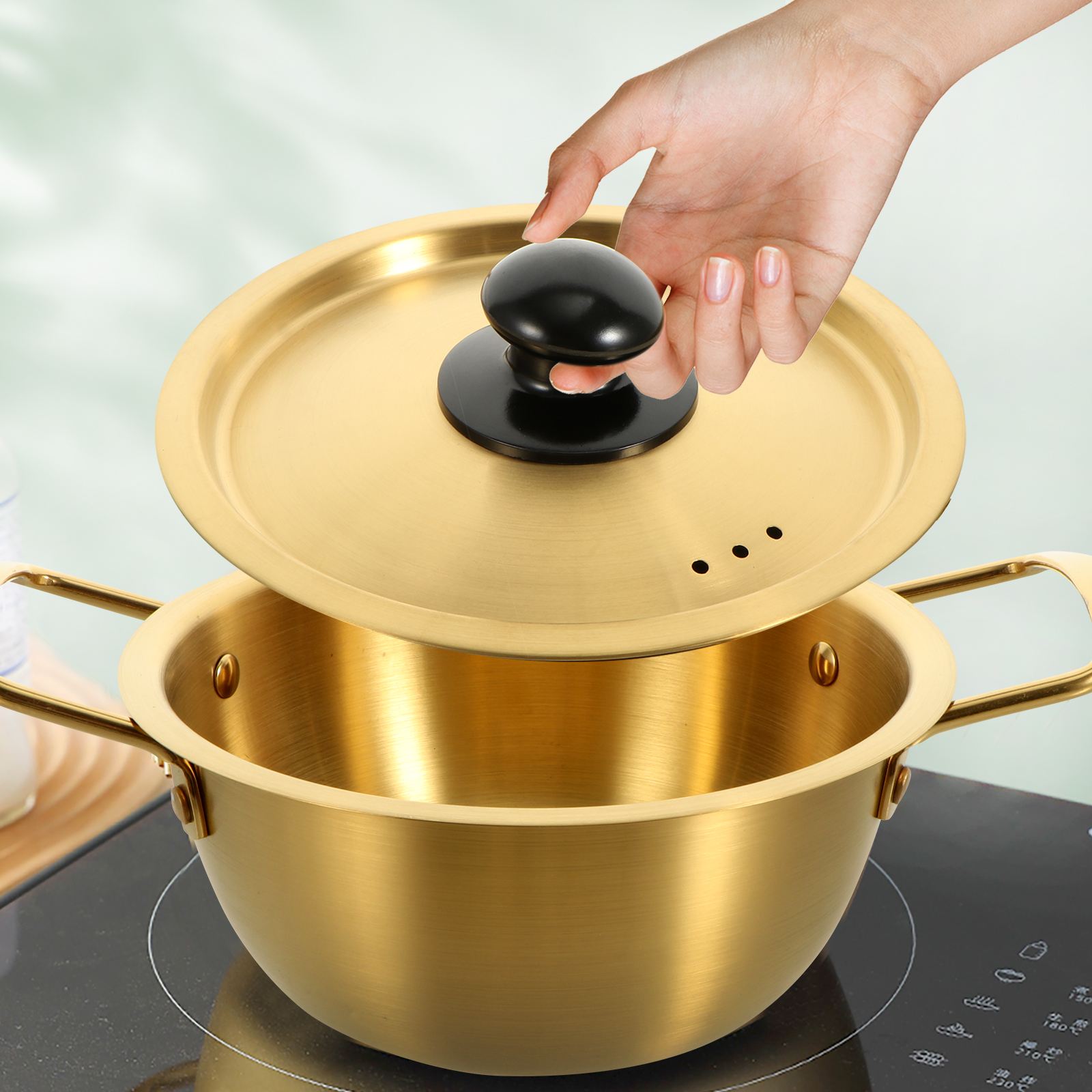 1 Set Chic Gold Soup Kitchen Stainless Steel Pot Double-handle Soup Pot Instant Noodles Pot Kitchen Cooking Tools cookware set