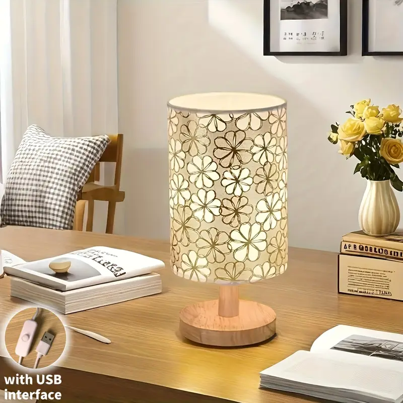 Lampada da tavolo semplice con copertura in tessuto, base in legno, alimentatore USB - luce tricolore per regali di studio in camera da letto