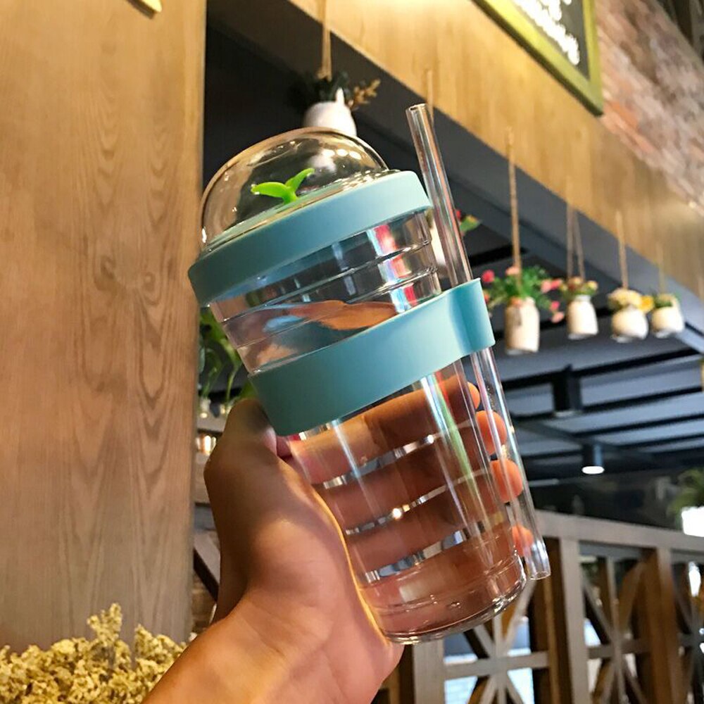 Bärbar plastbubbla te bubbla tebryggare återanvändbar plast kaffekopp läckagesäker kopp kopp te sport tumlare med halm: Blå / 360ml