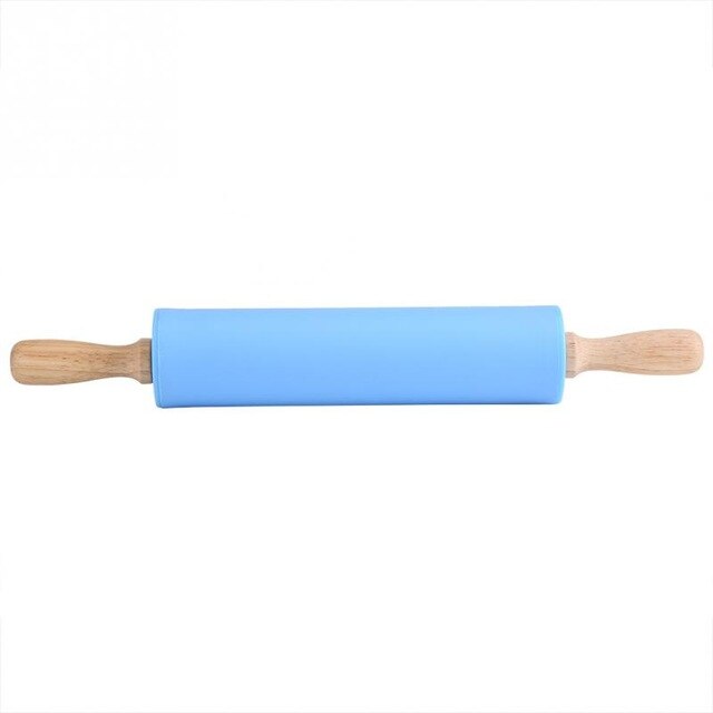 Non-stick træhåndtag silikone kagerulle wienerbrød dej mel rulle køkken bagning kogeredskaber husholdning: Blå / 30cm