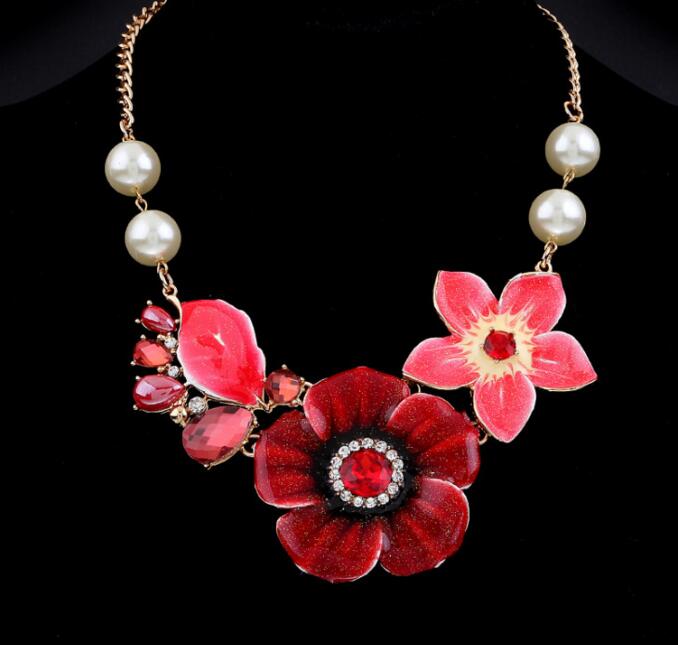 Collier chaîne or pour femmes, fleur, imitation de perle, collier, tissage de luxe, ras du cou, strass, pendentif à couple, collier: XL653-red