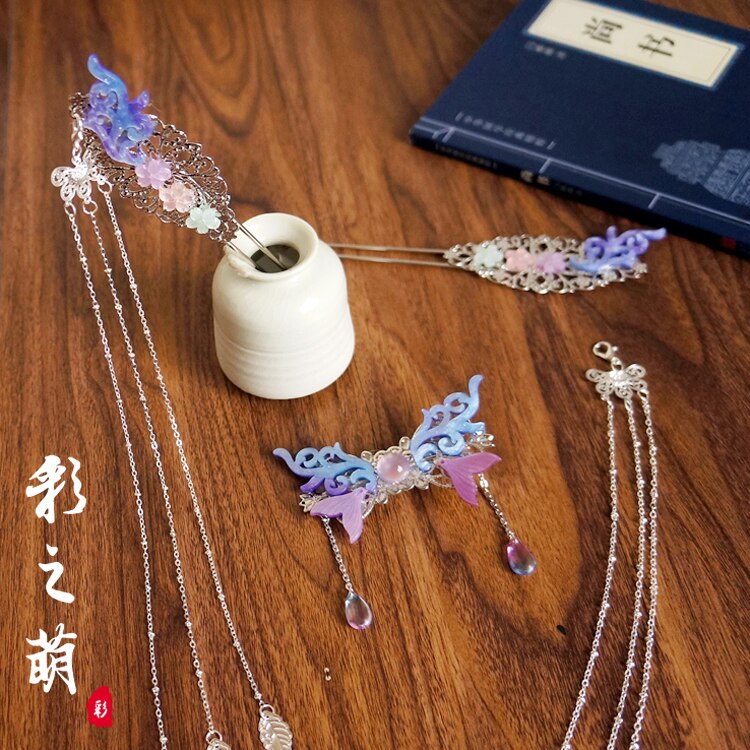Clip para el pelo de pez lágrimas de hombre Hanfu Kanzashi cheongsam antigüedad accesorios de borla adornos clásicos para el cabello tocado hecho a mano