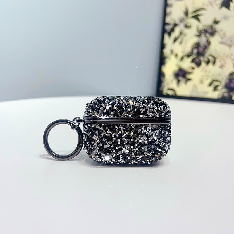 Funda para auriculares con purpurina de diamante de Color para Apple Airpods Pro 4 3 2 1 Bling Sparke funda para auriculares con llavero: l / Negro