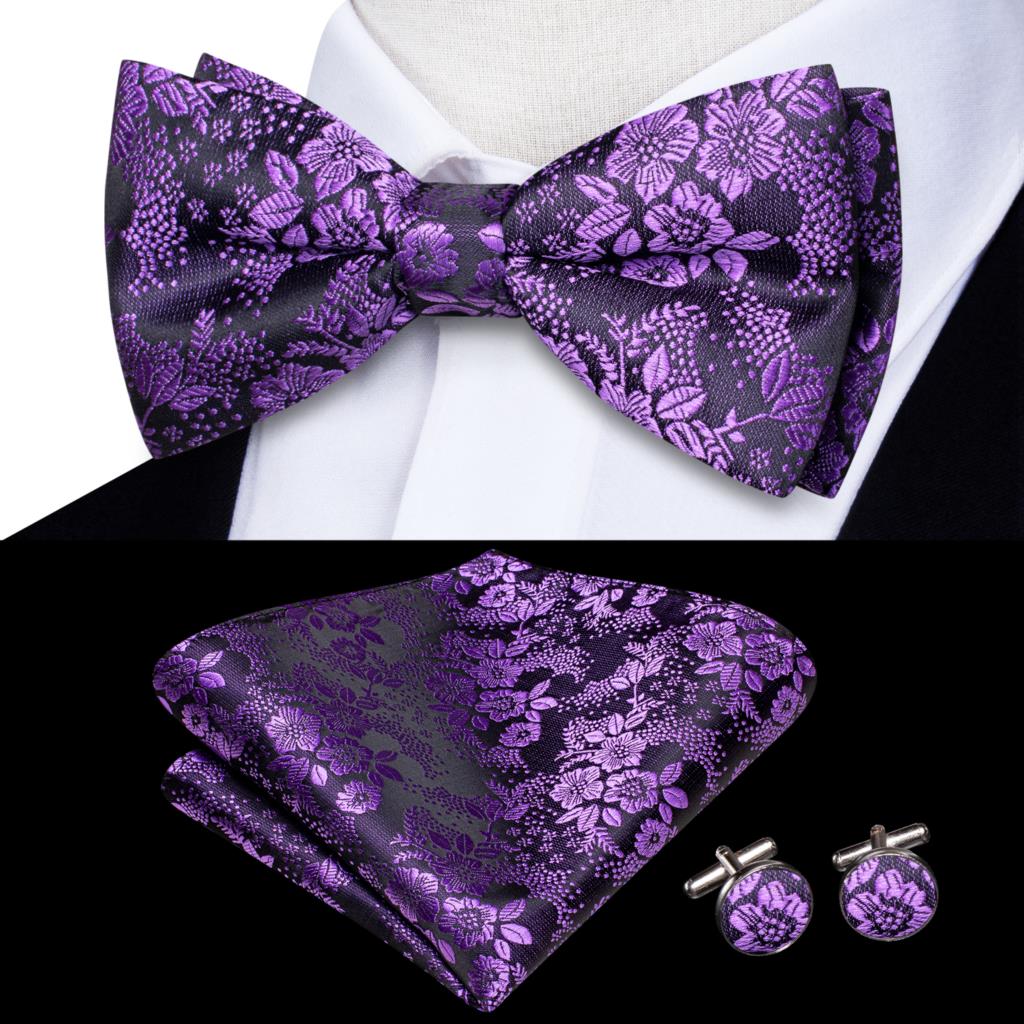 Gravata borboleta de nó masculino, Conjunto Hanky Cuffs, Pré-amarrado, Roxo, Lilás, Lavanda, Pansy, Violeta, Seda, Casamento, Negócios: ROXO