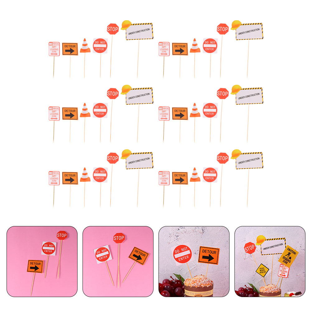 48pcs Cake Inserting Cards Theme Party Signs Cake Topper Construction Road Sign Pick
