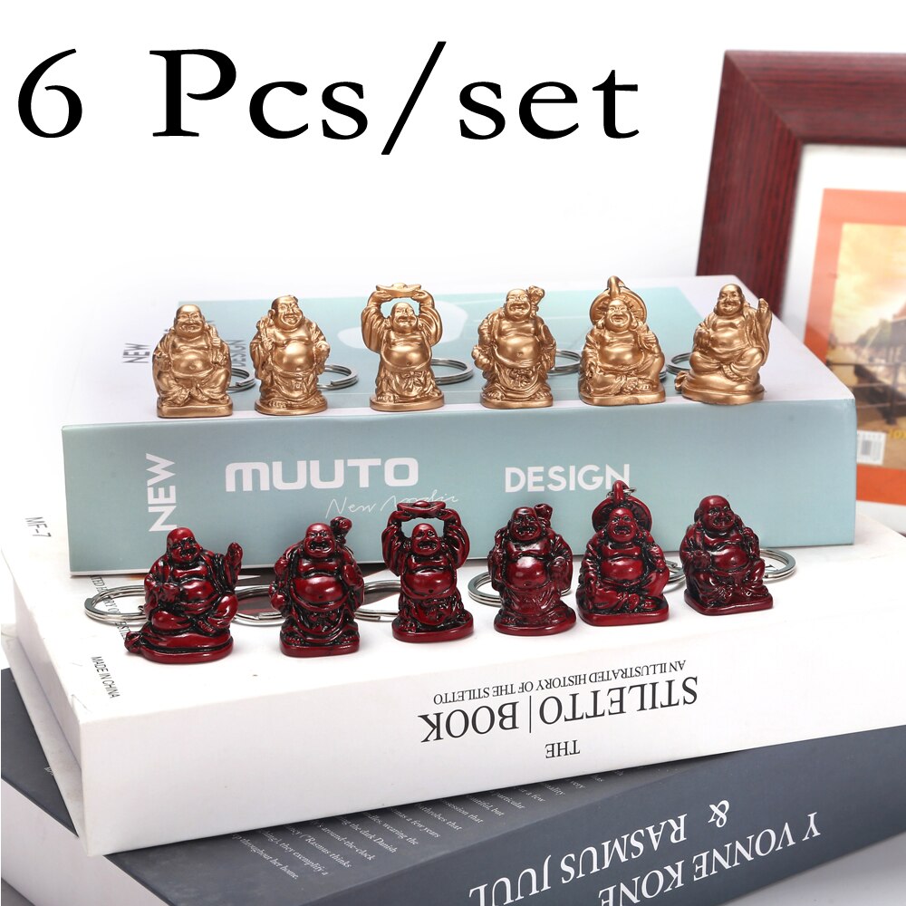 6Pcs Resin Maitreya Sleutelhanger Thuis Feng Shui Decoratie Lachende Boeddha Grote Buik Boeddha Ambachten Decoratie Set Zes Boeddha Groep