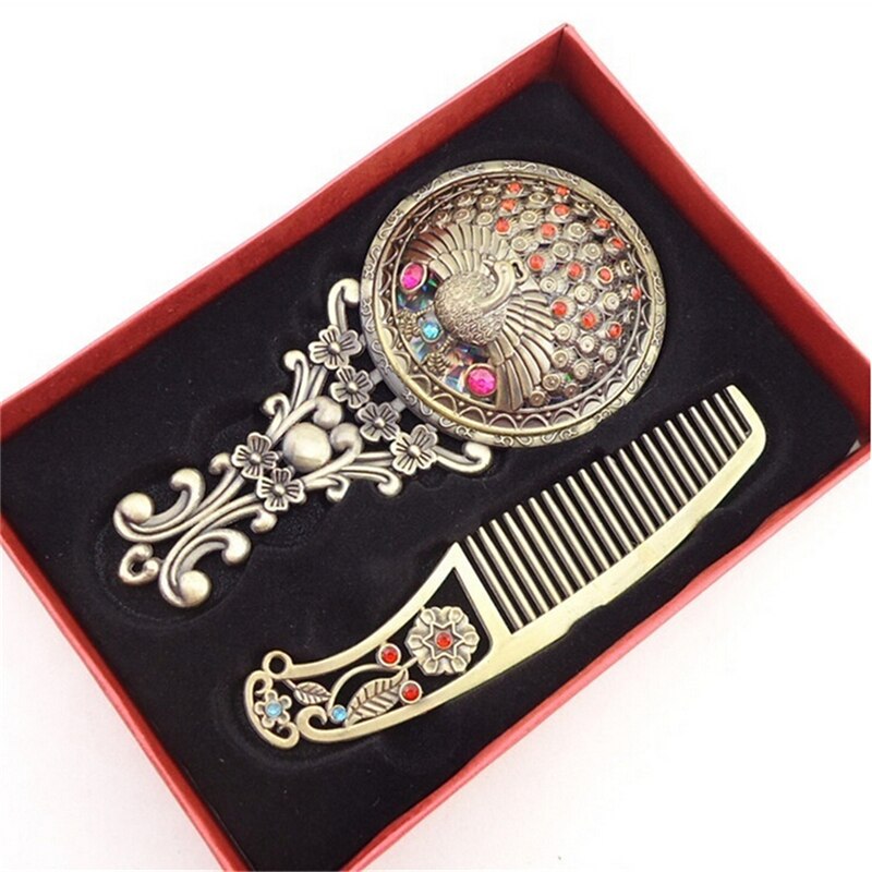 2 Stks/set Retro Brons Handheld Spiegels Hollow Cosmetische Compacte Spiegel Kam Set Met Box Willekeurige Kleur