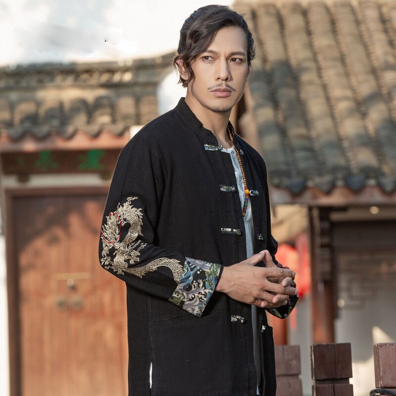 Ropa tradicional china para hombres, camisa bordada de dragón de Kung Fu Hanfu, botón de manga larga, Estilo negro, de talla grande, ocio: 2XL