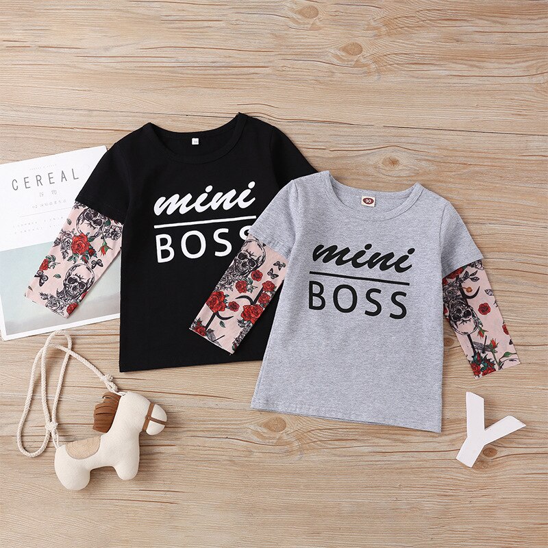 Nuovo cuciture moda Europee e Americane del tatuaggio di stampa dei ragazzi a maniche lunghe T-shirt in cotone per bambini camicia a maniche lunghe