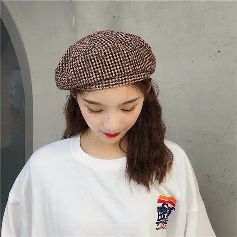 Dames Houndstooth Tweed Baretten Parijs Hoeden Mode Vrouwen Herfst Winter Gebreide Caps Zwarte Platte Hoed
