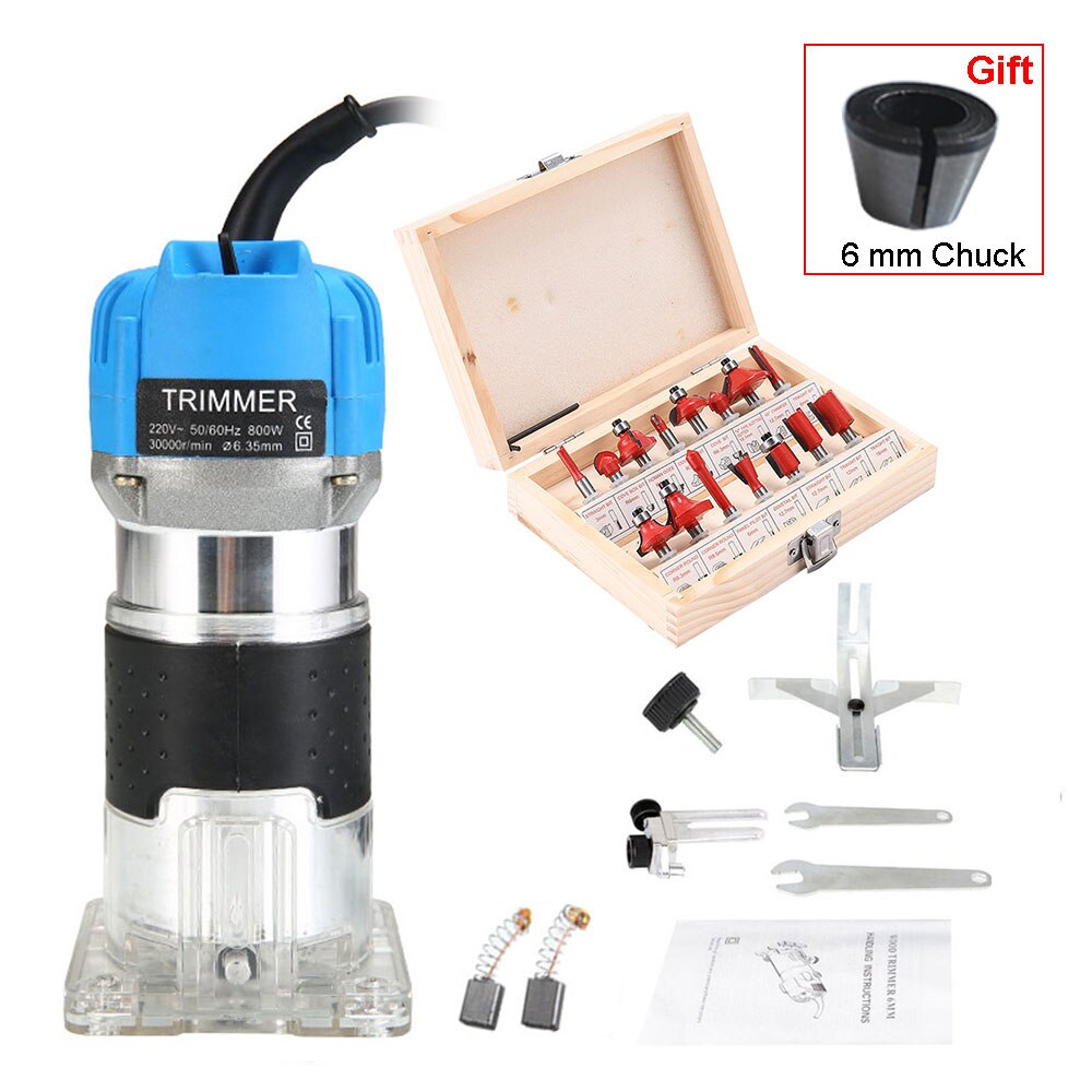 800W Houtbewerking Elektrische Router Trimmer Hout Frezen Graveermachine Hand Carving Machine Hout Router Met Frees: Blauw