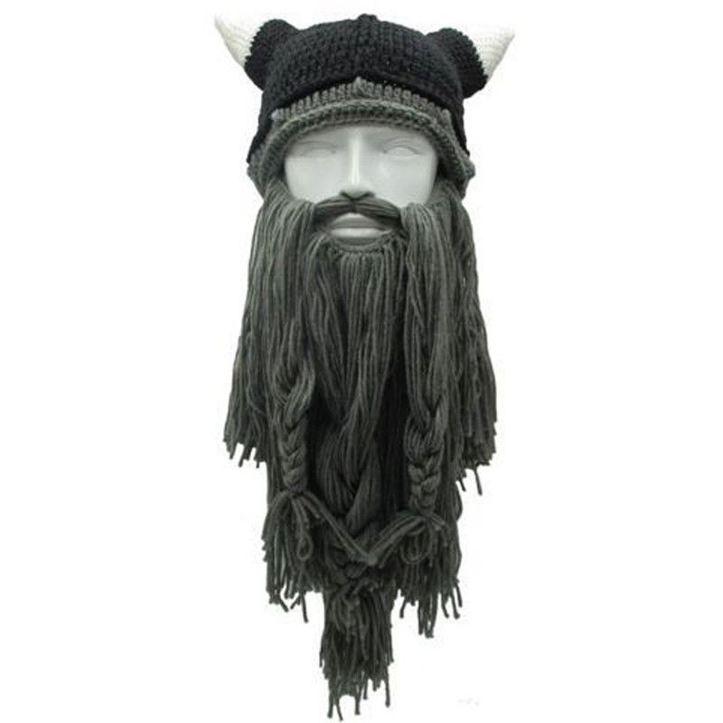 Christmas Knit Viking Beard Horn Hat Crazy Ski Cap Barbarian Vagabond Beanie: Dark Gray