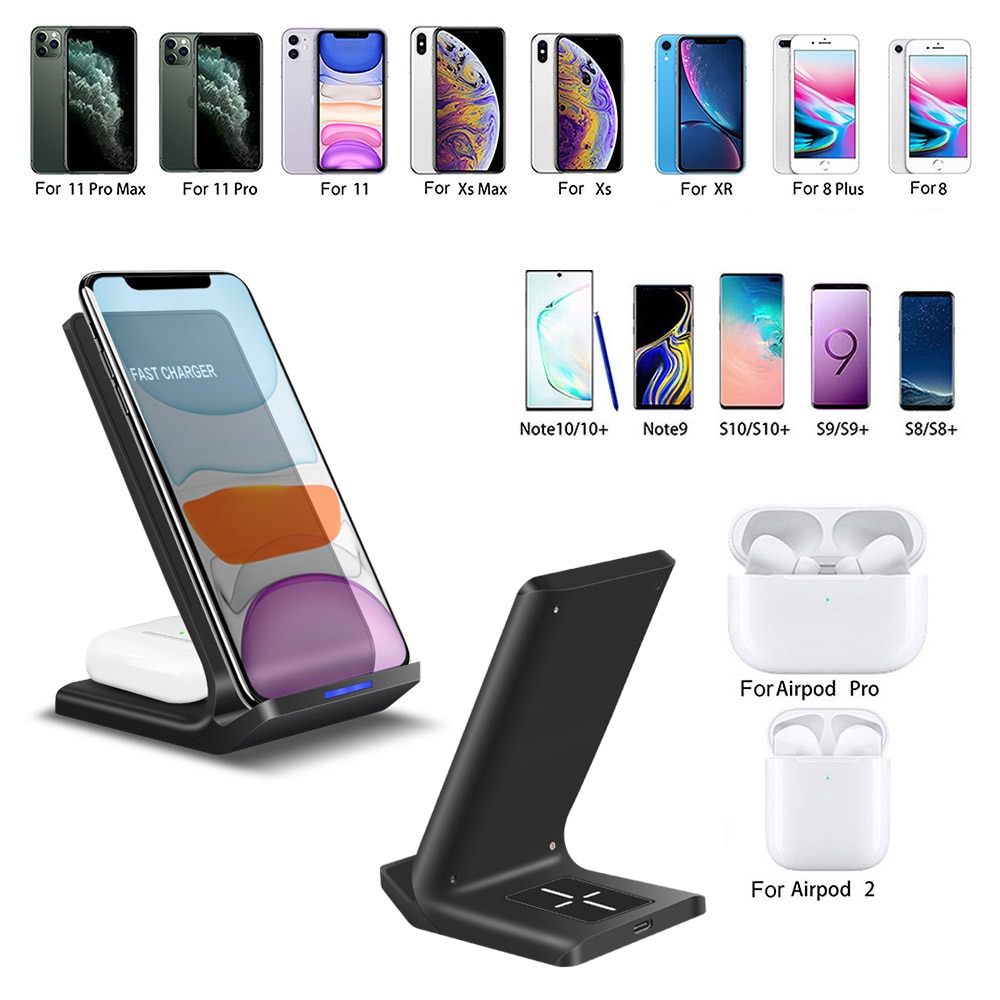 15W Quick Charge 2 in 1 Wireless Charging Stand Dock for iPhone 11 XS XR X 8 Samsung S20 S10 Plus USB C Wireless Charger Holder