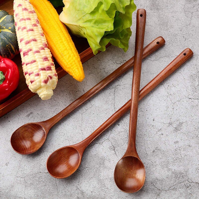 3 Pcs Wooden Mixing Spoons Kitchen Soup Serving Spoons Long Handle Cooking Spoons for Kitchen Stirring Serving Cooking